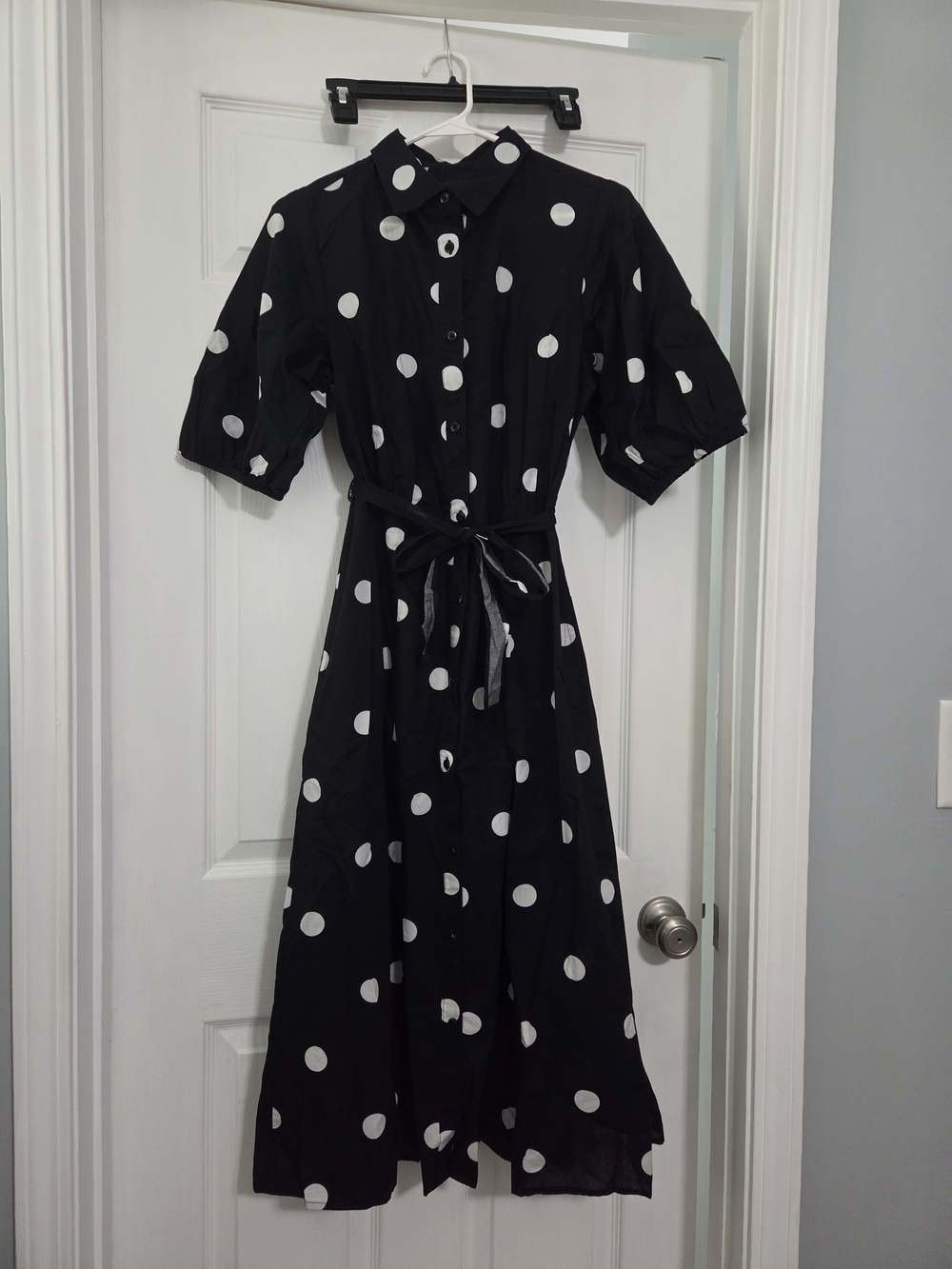 NWT a new day Black and White Polka Dot Midi Shirt Dress with Tie Waist